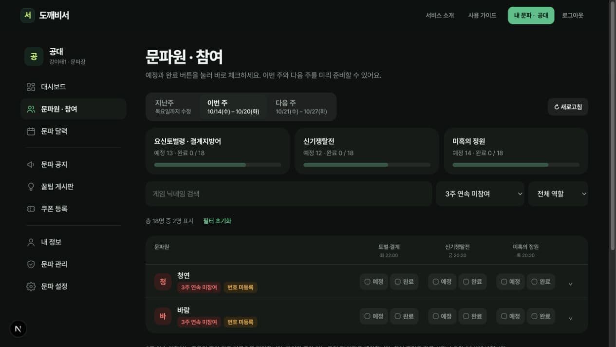 3주 연속 미참여 필터로 청연과 바람 두 명을 표시한 목록