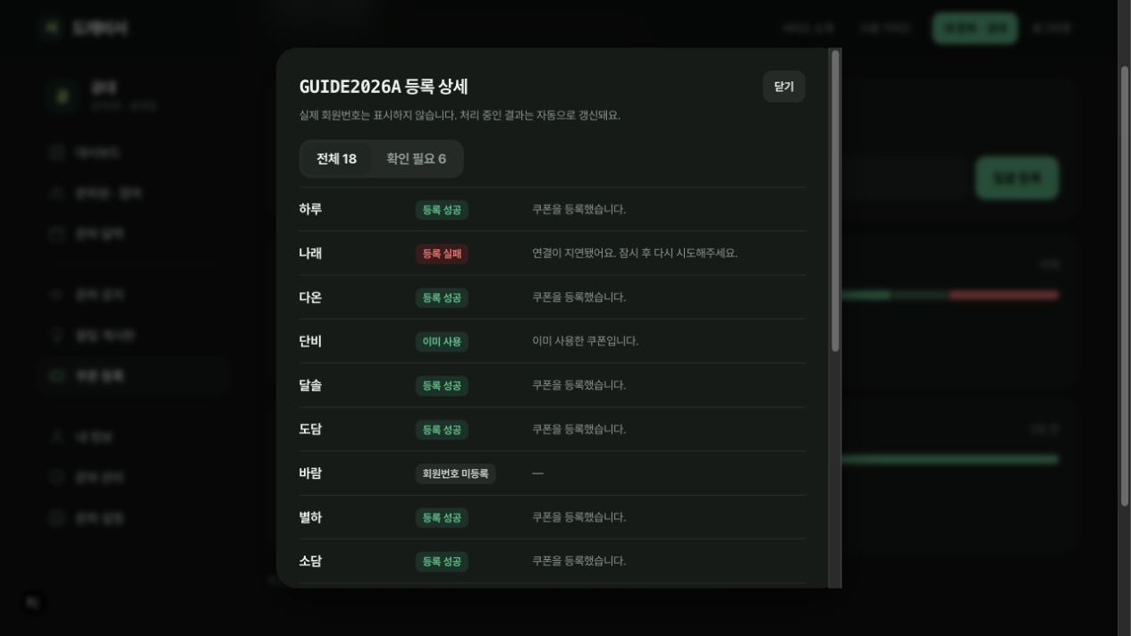 쿠폰 등록 상세에서 닉네임별 등록 성공과 실패 결과를 표시한 창